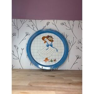 Vintage Giftco Inc Round Metal Serving Tray Goose Sun Hat Blue White Grid 13"